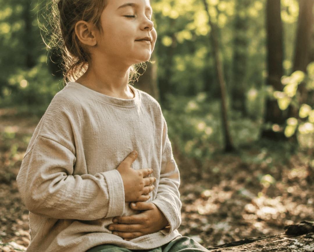 Mädchen sitzt entspannt im Wald, Hände auf dem Bauch – Körpergefühl und inneren Kompass bei Kindern von 5 bis 8 Jahren stärken. Mädchen sitzt entspannt im Wald, Hände auf dem Bauch – Körpergefühl und inneren Kompass bei Kindern von 5 bis 8 Jahren stärken.