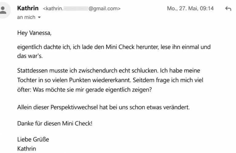 Elternstimme zur NaturPost E-Mail einer Mutter über den Mini Check von Bärenschmausi und die alltagstauglichen Aha-Momente.
